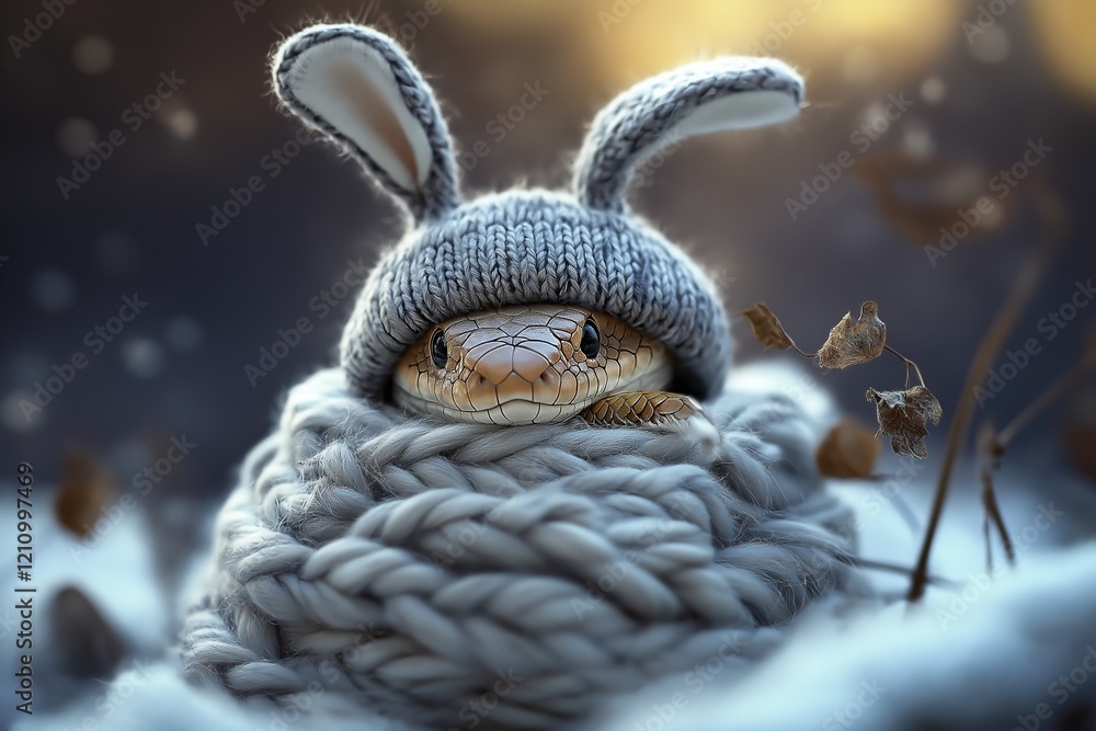 Fototapeta premium Cute snake dressed in a knitted hat with bunny ears and a scarf.