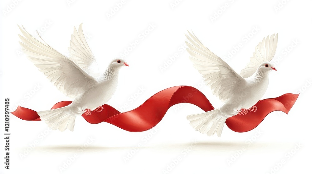 Fototapeta premium Two white doves flying with a flowing red ribbon, symbolizing peace and harmony.