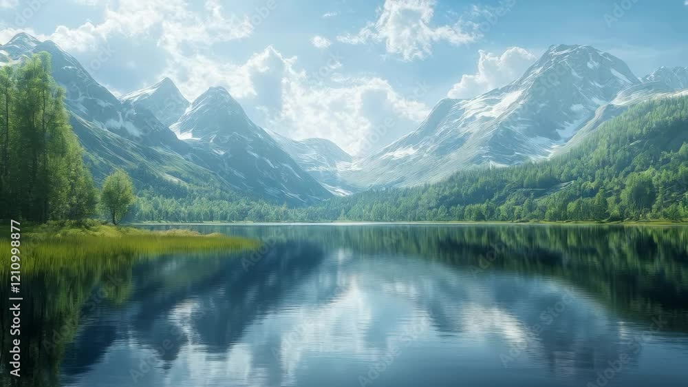 Serene mountain reflections over pristine lake in tranquil wilderness at dawn Serene mountain reflections over pristine lake in tranquil wilderness at dawn