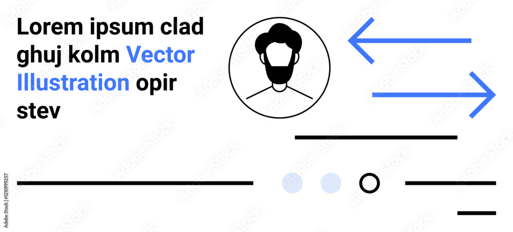Mans head icon, blue arrows, and placeholder text with minimalist lines and circles. Ideal for user profiles, interfaces, UIUX design, wireframes, digital applications, prototypes, landing page Mans head icon, blue arrows, and placeholder text with minimalist lines and circles. Ideal for user profiles, interfaces, UIUX design, wireframes, digital applications, prototypes, landing page