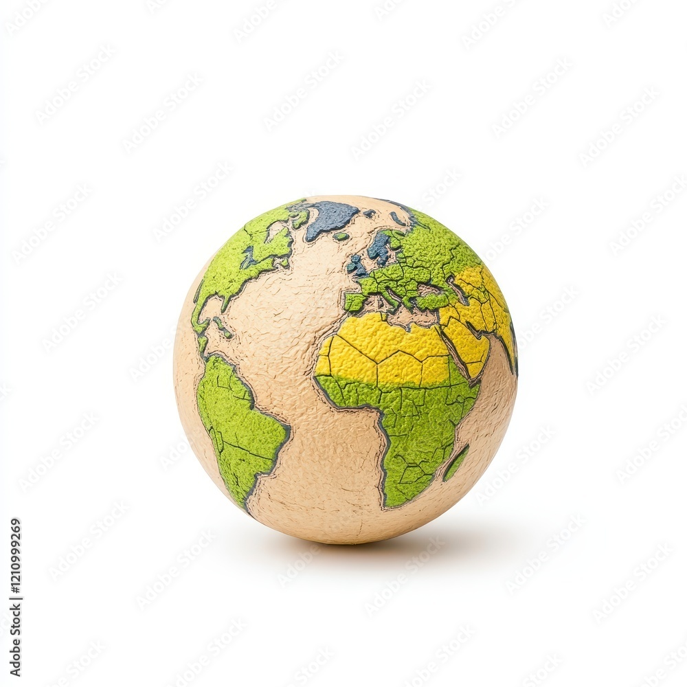 Textured Beige Globe Model with Green and Yellow Continents Against White Background Textured Beige Globe Model with Green and Yellow Continents Against White Background