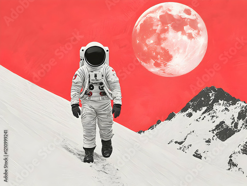 Astronaut trekking on snowy mountains under a red moon surreal art outdoor adventure imaginative landscape view