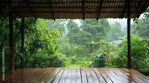 Wooden deck sheltered from heavy rain, lush green backdrop. Ideal for blogs, websites, or articles about nature, relaxation, and rainy season.