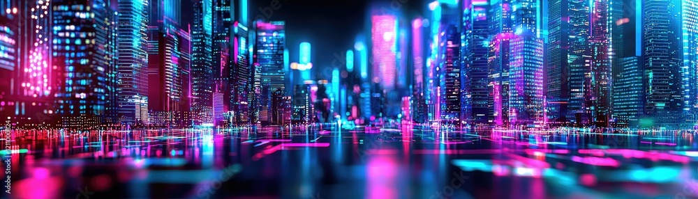 A vibrant, futuristic cityscape illuminated by neon lights, reflecting on water, evoking a sense of modern technology and urban life. A vibrant, futuristic cityscape illuminated by neon lights, reflecting on water, evoking a sense of modern technology and urban life.