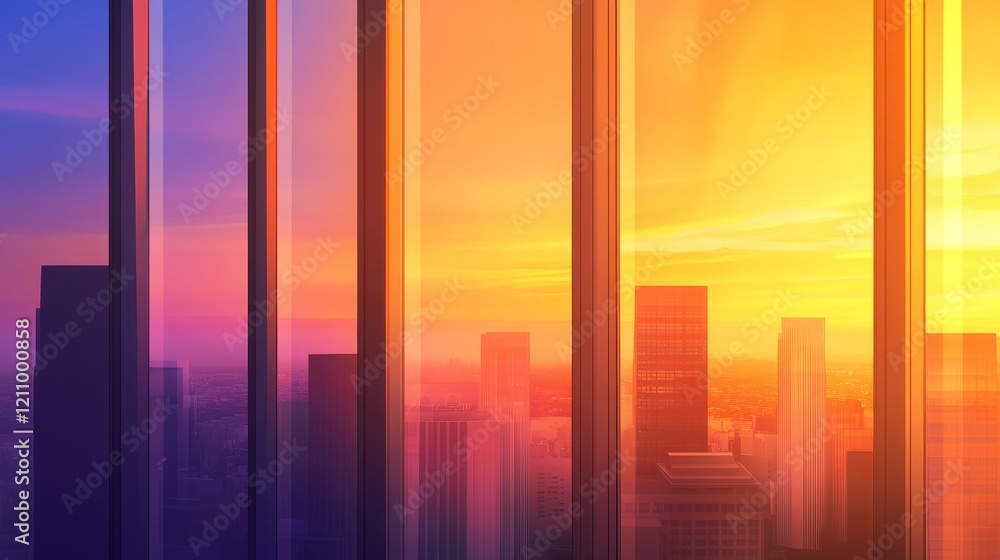 A vibrant sunset view through skyscrapers, showcasing urban architecture and colorful skies. A vibrant sunset view through skyscrapers, showcasing urban architecture and colorful skies.