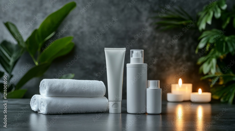 A serene spa setting featuring white towels, skincare products, and candles for relaxation. A serene spa setting featuring white towels, skincare products, and candles for relaxation.