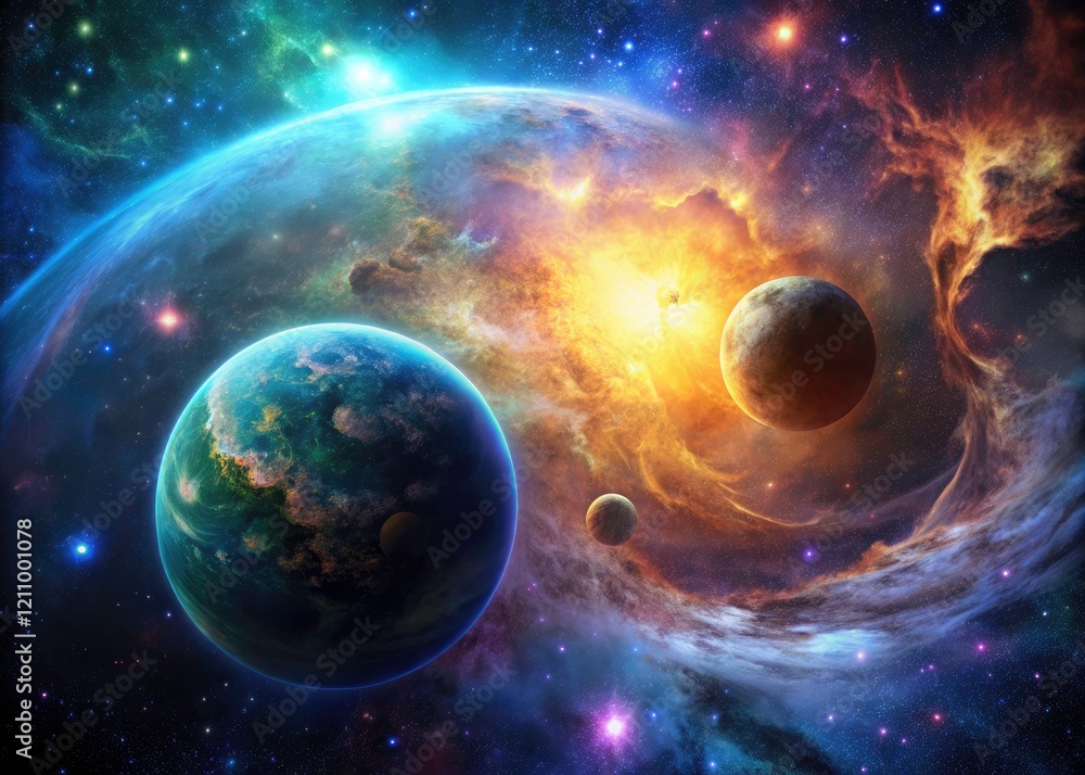 Obraz premium Alien worlds and celestial nebulae merge in a breathtaking double exposure, a cosmic fantasy.