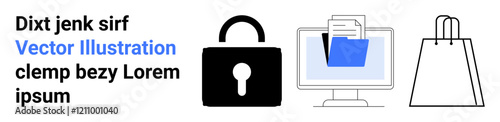 Lock symbol, computer with file folder, and shopping bag icon representing data security, file management, and online shopping safety. Ideal for cybersecurity, e-commerce security, data protection