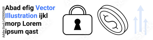 Lock icon beside a coin with a dollar sign, accompanied by placeholder text and rising blue arrows. Ideal for finance, security, digital currency, online payments, banking, financial growth, safety