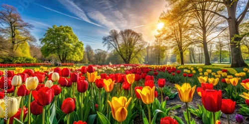 A panorama of red and yellow tulips paints Warsaw's Mokotow Field in springtime glory. photo