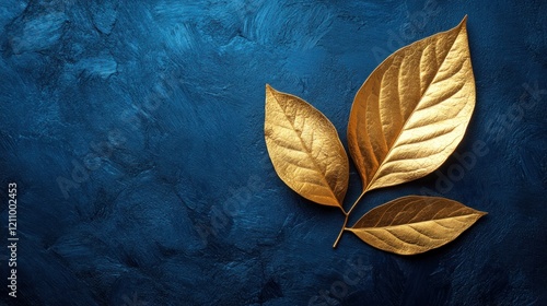Elegant golden leaves arranged on a textured blue background, creating a sophisticated aesthetic