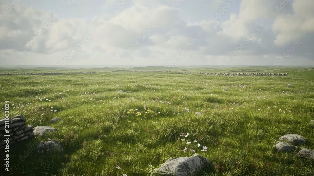 Sunny meadow landscape, wildflowers, stone walls, cloudy sky; idyllic nature scene for travel brochures Sunny meadow landscape, wildflowers, stone walls, cloudy sky; idyllic nature scene for travel brochures