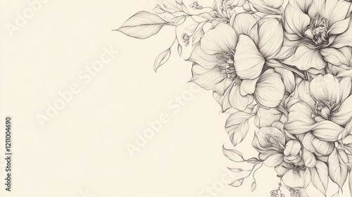 Pencil-drawn floral bouquet corner design, cream background, wedding stationery