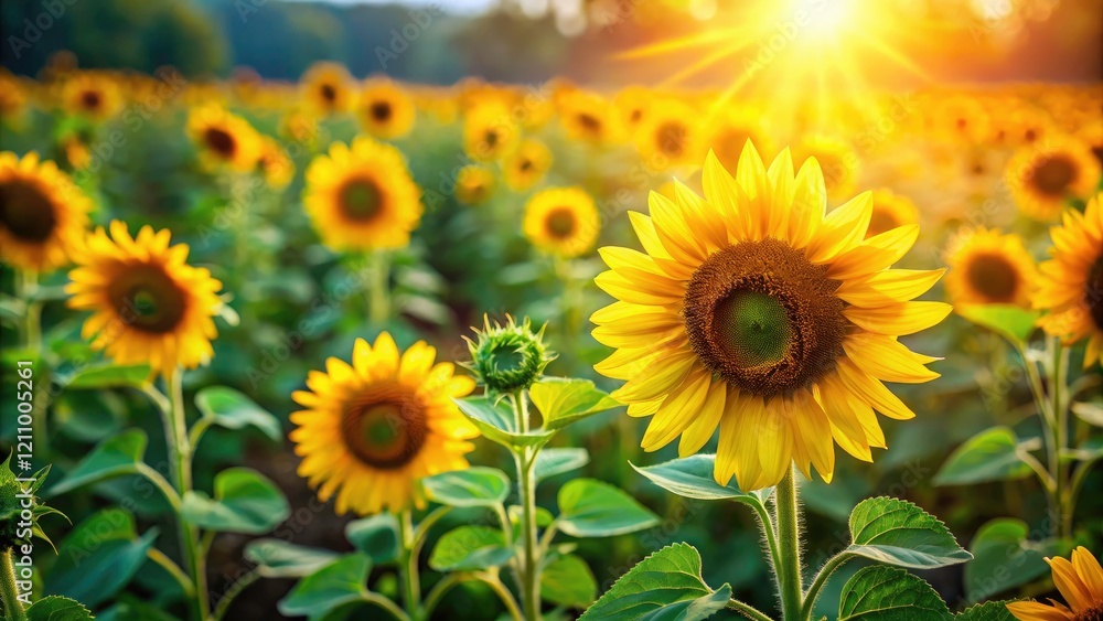 Obraz premium Blooming sunflowers create a charming miniature landscape, perfect summer backdrop.
