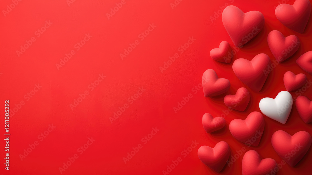 Red background with scattered red hearts and one white heart. Perfect for Valentine's Day or love themed designs. Red background with scattered red hearts and one white heart. Perfect for Valentine's Day or love themed designs.