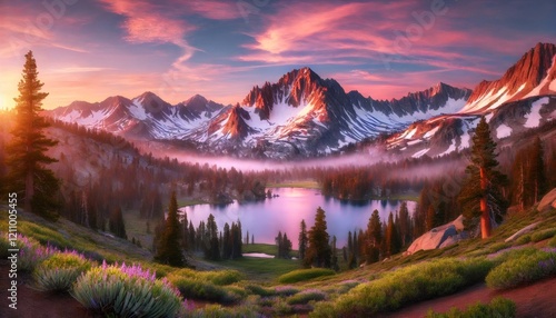 Majestic sunrise illuminating the snowy peaks and serene lake in the mountains