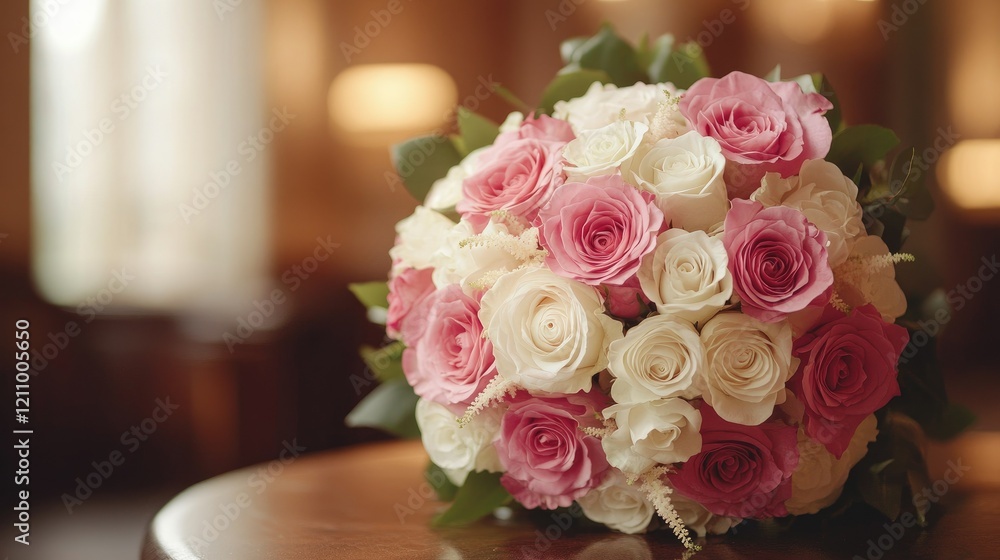 Obraz premium A beautifully arranged pink and white rose bouquet in a soft-focus photo, with a warm and inviting ambiance in the background
