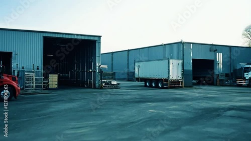 Modern warehouse exterior with loading dock and parked trucks in daylight