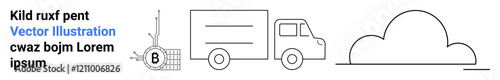 Simple line art of a delivery truck, tire with B label, textual elements, and a stylized cloud. Ideal for websites, apps, user interfaces, marketing materials, educational content, infographics