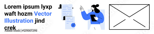 Female character with tablet, pointing at documents with checkmarks and silhouettes, large envelope icon beside her. Ideal for business, communication, email marketing, project management