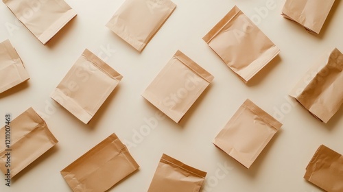Wallpaper Mural Beige pouches scattered on white background, packaging mockup, flatlay Torontodigital.ca