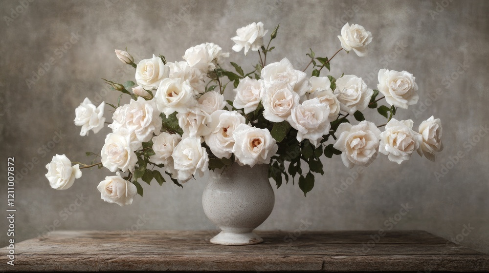 A close-up of a bouquet of dewy white roses arranged in a simple ceramic vase on a rustic wooden table A close-up of a bouquet of dewy white roses arranged in a simple ceramic vase on a rustic wooden table