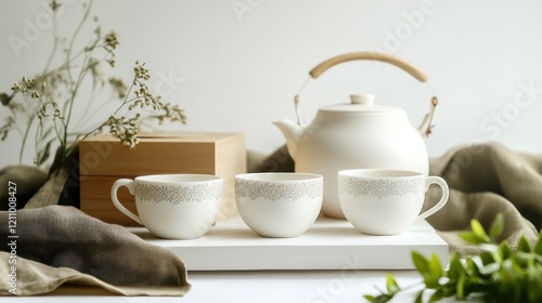 Wallpaper Mural Elegant Tea Set on White Tray, Studio Still Life Torontodigital.ca