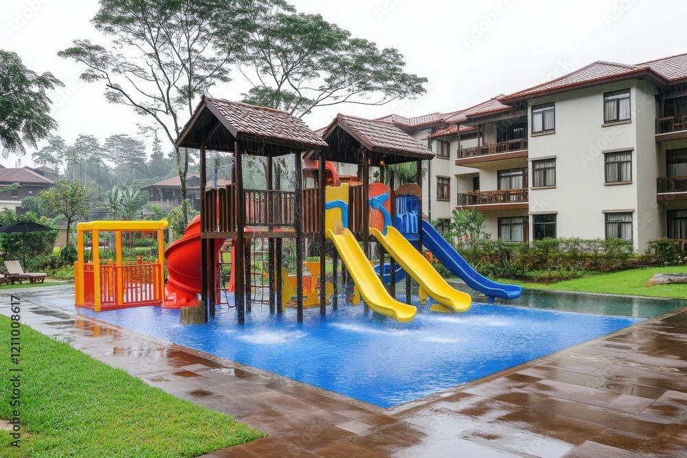 Bright and Colorful Children's Water Playground with Slides, Splash Pool and Play Structures Surrounded by Modern Residential Buildings and Lush Greenery Bright and Colorful Children's Water Playground with Slides, Splash Pool and Play Structures Surrounded by Modern Residential Buildings and Lush Greenery