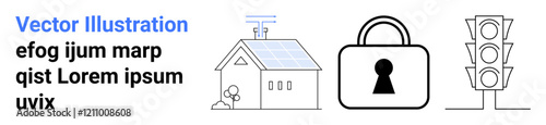 House with solar panels, padlock, and traffic light. Ideal for renewable energy, security, traffic management, smart homes, technology integration sustainability safe communities. Landing page