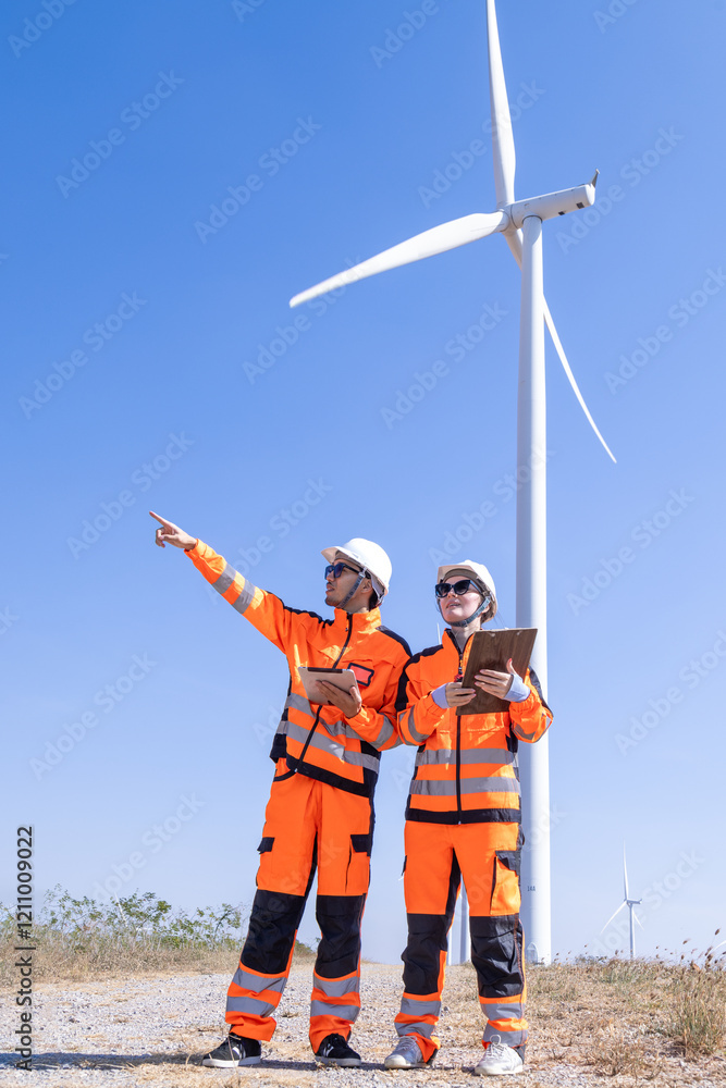 Team of male and female engineers discuss for maintenance of wind turbines at windmill field farm. Group of engineers workers working at wind turbines farm. Alternative energy, environmental friendly. Team of male and female engineers discuss for maintenance of wind turbines at windmill field farm. Group of engineers workers working at wind turbines farm. Alternative energy, environmental friendly.