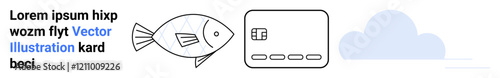 Fish graphic, credit card with icons, cloud, and placeholder text. Ideal for design projects, web pages, financial themes, creative concepts, digital artwork educational content and illustration