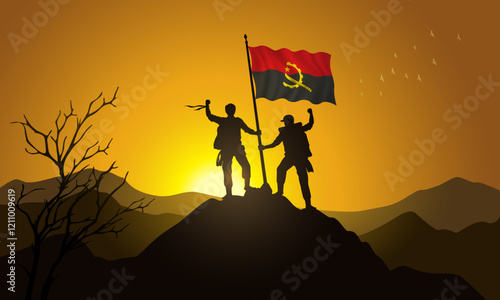 Angola flag, silhouette of two climbers holding a flag at sunset over the mountain