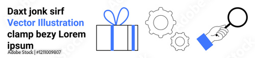 Hand holding magnifying glass, gift box tied with blue ribbon, gears, and text for analysis and growth. Ideal for marketing, research, gifting, strategy, development exploration business plans