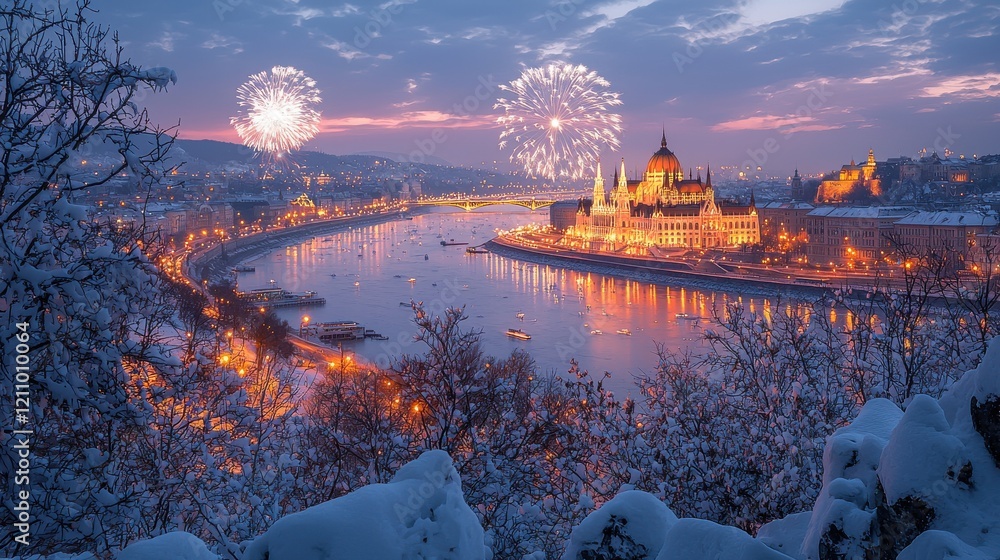 Fototapeta premium Celebration of lights and colors over Budapest's winter skyline with stunning fireworks above the Danube River