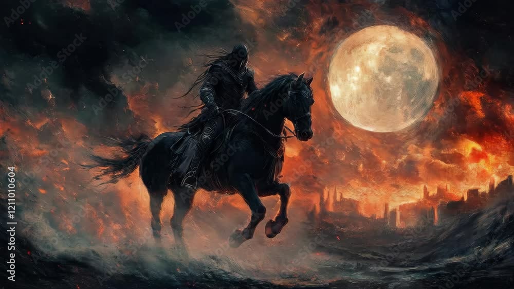 Dark horseman galloping across fiery landscape under full moon Dark horseman galloping across fiery landscape under full moon