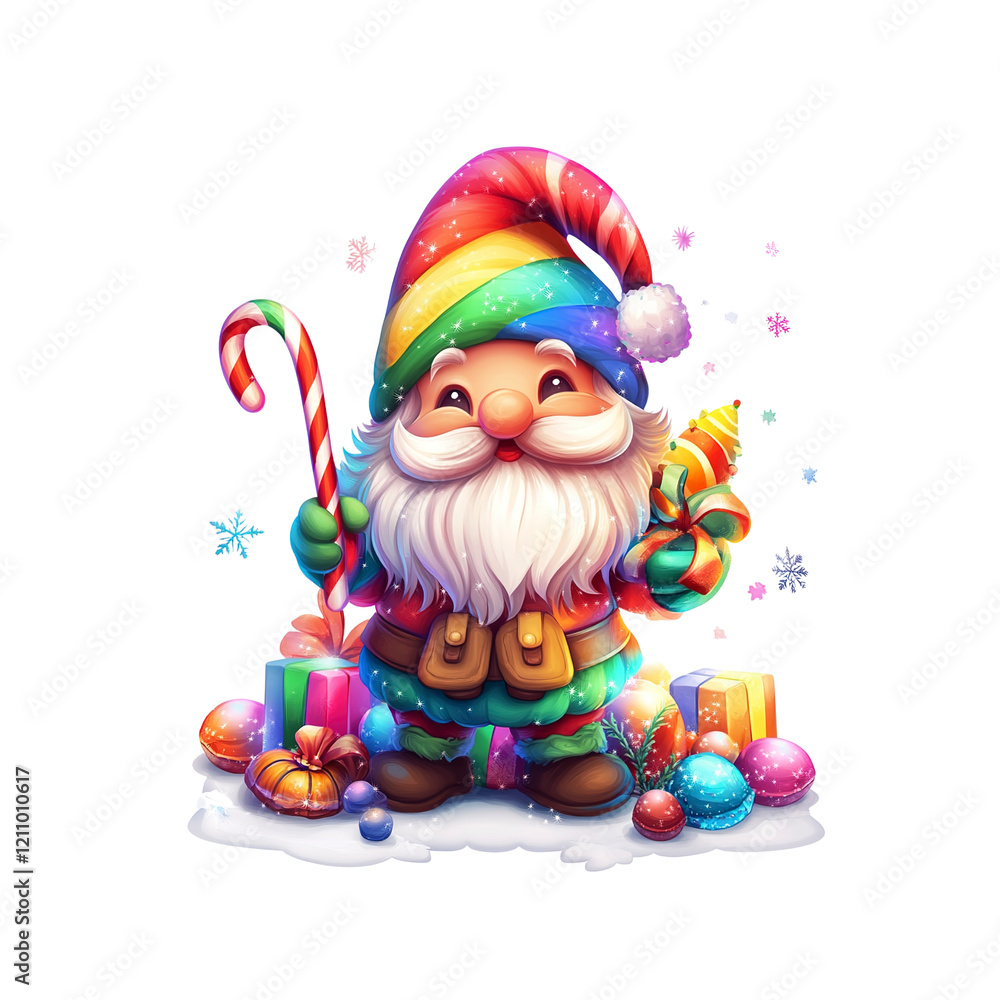 Rainbow Christmas Gnome with Candy Cane and Gifts Rainbow Christmas Gnome with Candy Cane and Gifts
