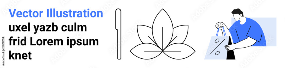 Man holding shopping bags with abstract elements including a knife and a lotus flower design. Ideal for e-commerce, retail, shopping, items, wellness, minimalism, and modern aesthetics. Landing page Man holding shopping bags with abstract elements including a knife and a lotus flower design. Ideal for e-commerce, retail, shopping, items, wellness, minimalism, and modern aesthetics. Landing page