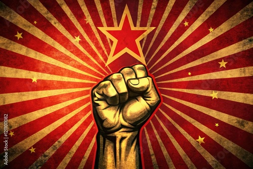 Cold War surrealism: a communist fist bursts forth, a photographic testament to revolutionary fervor, echoing retro propaganda posters.