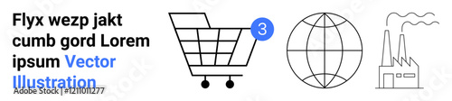Shopping cart icon with notification bubble 3 , wireframe globe, and factory outline. Ideal for e-commerce, global trade, industry, online shopping, notifications, manufacturing, logistics. Landing