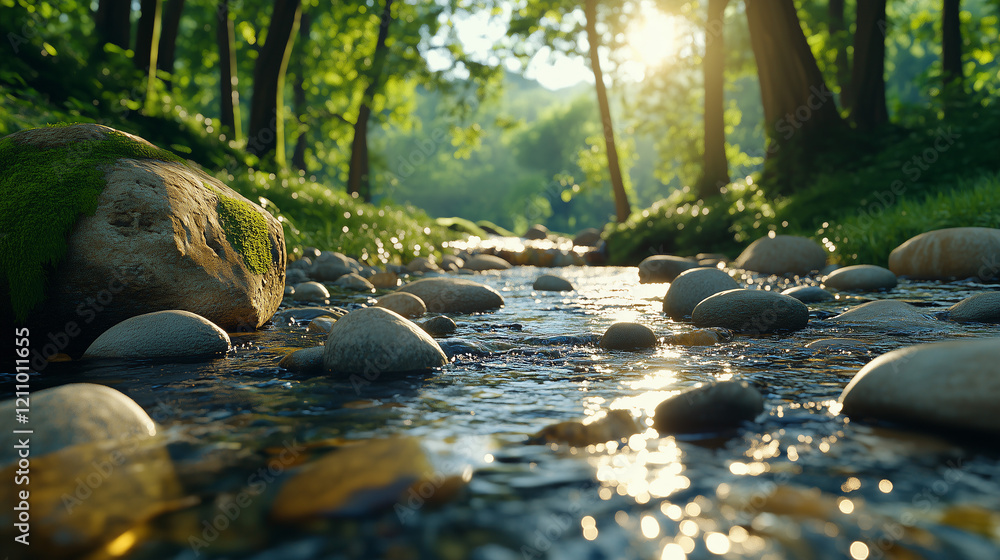 Fototapeta premium Serene Forest Stream Sunlight Peaceful Nature Scene Tranquil River Rocks Mossy Stone Green Lush Summer Sunlight Calm Water Flowing