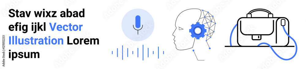 Modern microphone, neural network head with gear, and briefcase. Ideal for AI development, voice control systems, neural networks, business technology, tech-themed websites, educational content Modern microphone, neural network head with gear, and briefcase. Ideal for AI development, voice control systems, neural networks, business technology, tech-themed websites, educational content
