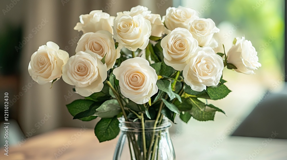 Obraz premium A modern office desk with an artificial white rose bouquet in a glass jar, adding a touch of elegance