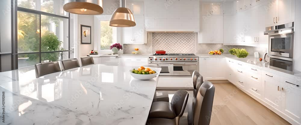 A bright, contemporary kitchen with white cabinets, gleaming stainless steel appliances, and a tiled backsplash A bright, contemporary kitchen with white cabinets, gleaming stainless steel appliances, and a tiled backsplash