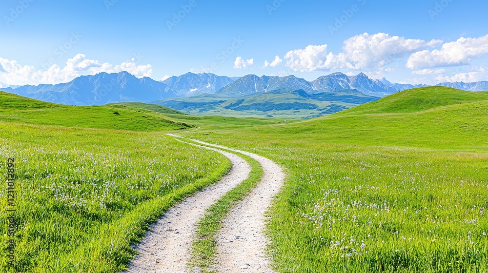 Winding road through green alpine meadow, mountain backdrop, sunny day, travel poster Winding road through green alpine meadow, mountain backdrop, sunny day, travel poster