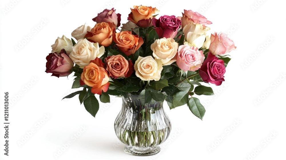 Obraz premium A romantic bouquet of mixed-colored roses in a glass vase, elegantly arranged for a dinner table centerpiece