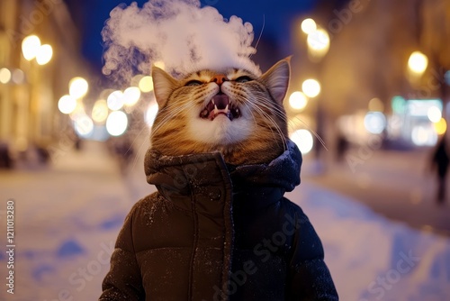 Pet well-being. Sidesplitting pets. Happy cute adult cat european shorthair in winter warm clothes, cold breath from nose and mouth in frosty breeze. Kitten winter hat. Cat care tips. photo