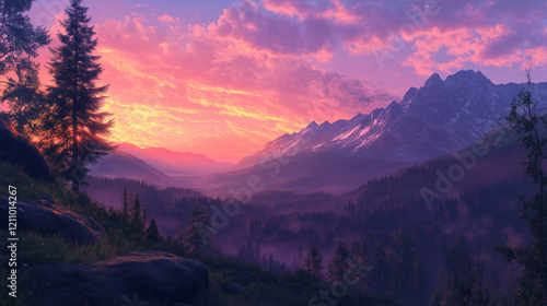 Majestic Mountain Range Sunset Dramatic Pink Purple Sky Scenic Landscape View Breathtaking Nature Photography Peaceful Serene     