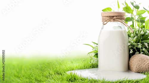 World milk day concenpt. A glass milk bottle sits on fresh green grass, surrounded by plants, with some milk spilled beside it, evoking a natural, rural setting. photo