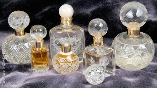 Elegant perfume bottles arranged on velvet photo