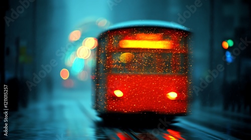 A red tram travels through a blurry rain swept city photo